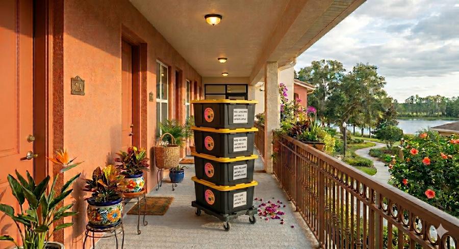 Totes Stacked on Apartment Corridor
