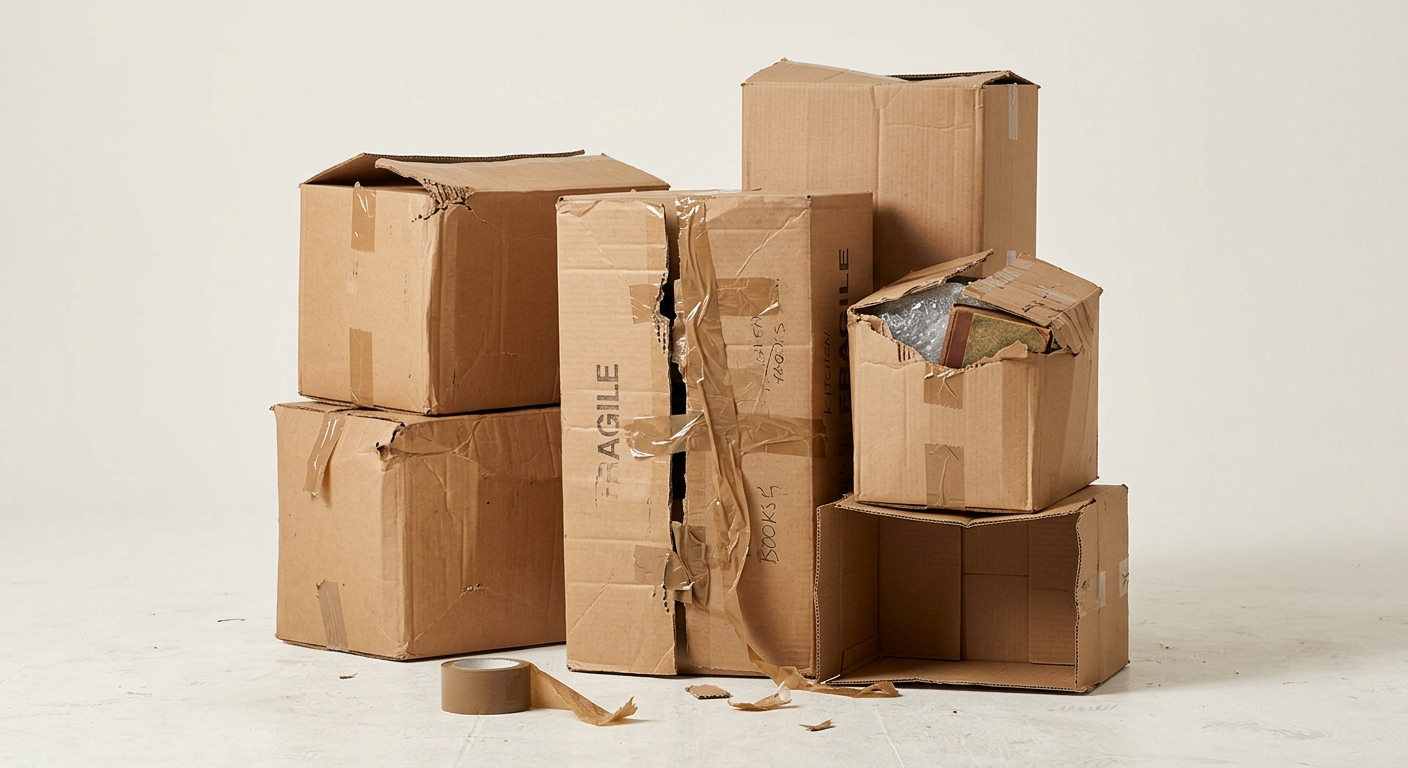 Crushed and damaged cardboard moving boxes