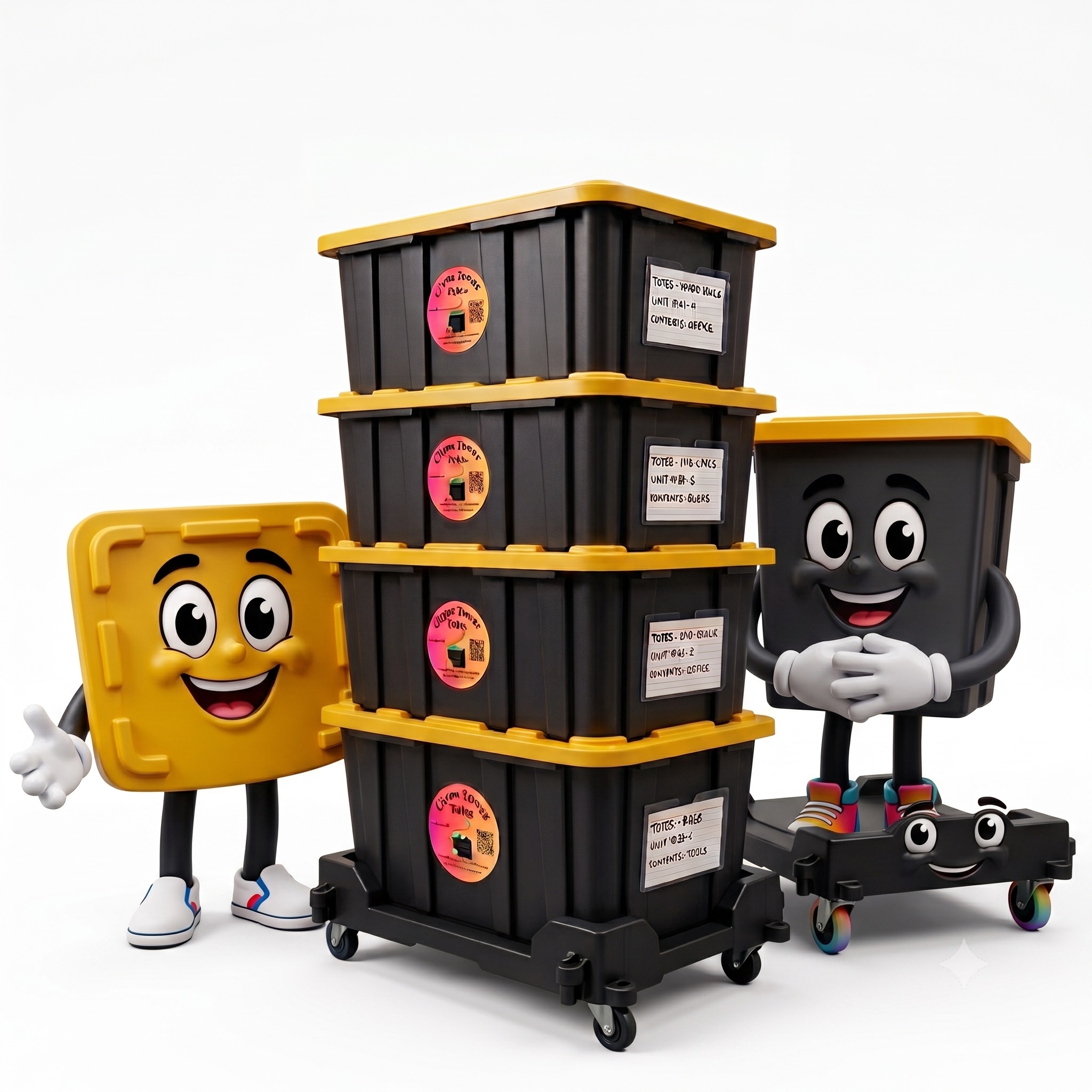 Citrus Tower plastic totes stack with Tote Taxi character
